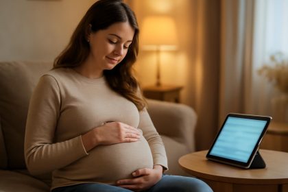 femme-enceinte-salon-tablette-assise